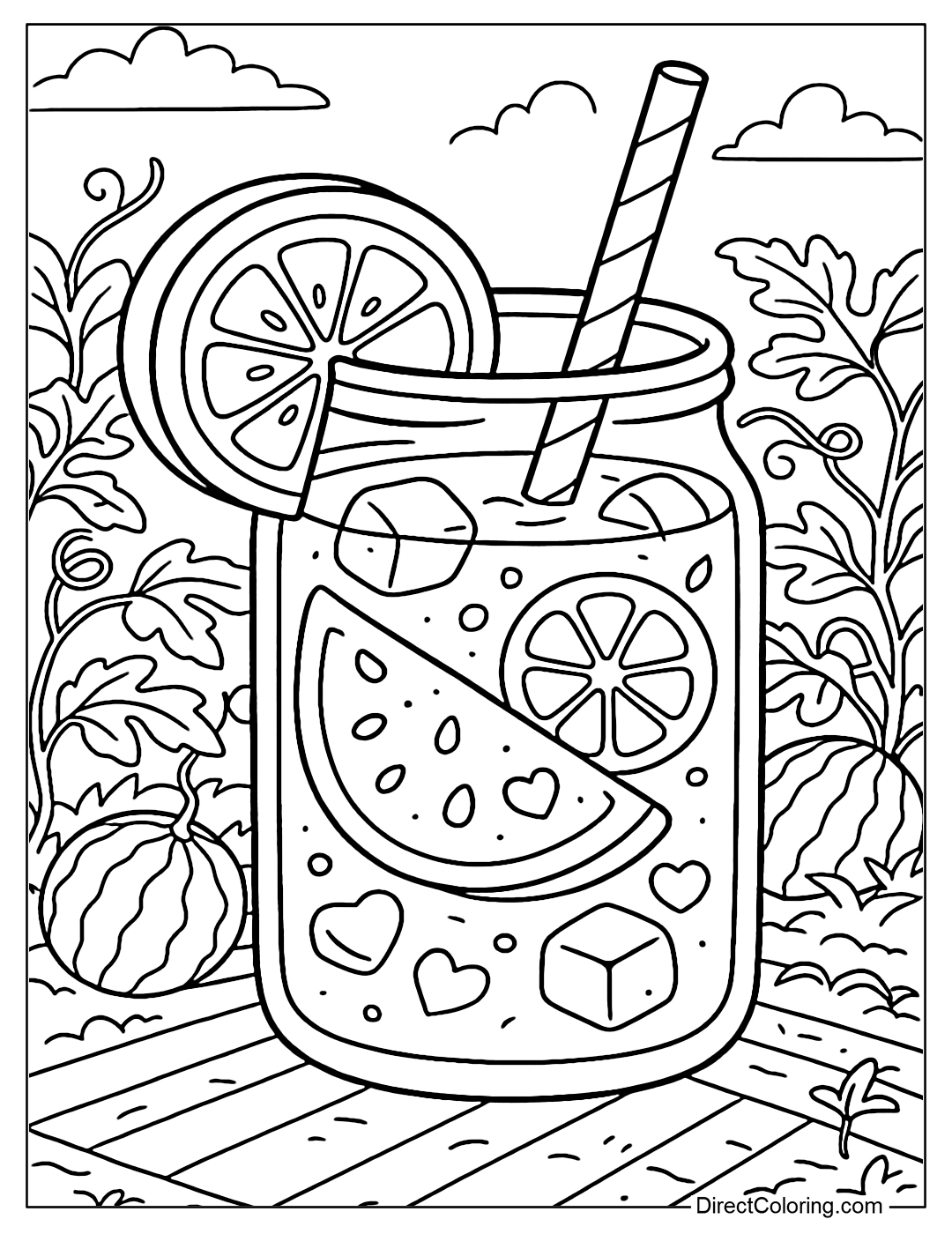 Watermelon and lemon juice coloring page, inside are melon slices and heart-shaped ice cubes, the background is a melon garden with climbing plants.